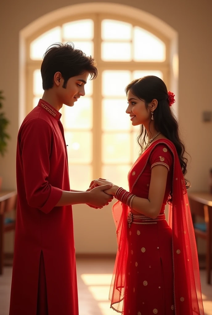 18 years old Indian boy and girl, boy is wearing red traditional dress with name Harshit Clearly written on.and girl wearing a red traditional dress,girl red net dupatta on your shoulder, both standing face to face in college room. Boy has extended his one hand on which smiling girl is tying red bracelet on boy’s only wrist with both her hands, both looking cute, simple look, stylish hair, beautiful, cute, Indian, pretty, 32k ultra hd quality images.