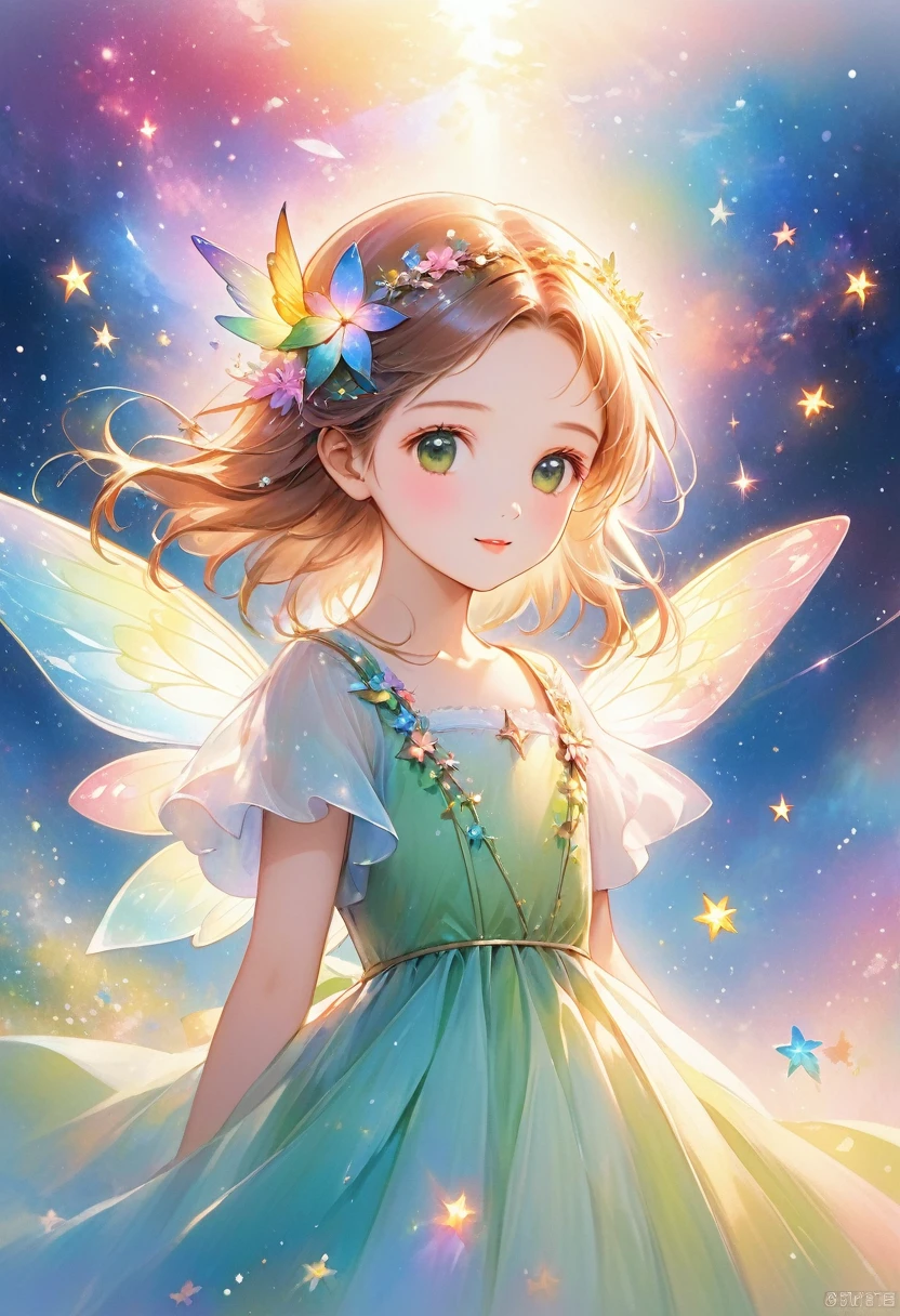 An anime fairy with a green dress and rainbow lights, Star Fairy, Beautiful fairy, Wonderful like a fairy, Beautiful fairys, Magic fairy background, beautiful adult fairy, Beautiful fairy, Magical fairy floating in space, Beautiful fantasy anime, Mysterious Wings, Beautiful angel, A shining angelic presence, Fairy portrait, Fairy portrait, Fairy Queen, Space Flower Fairy