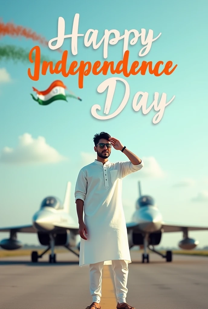 "Generate a real-life image of a 21-year-old (boy) joyfully celebrating Indian Independence Day. The individual is dressed in white patani attire with saluting  prominently displayed on their clothing. The sky above them features the words 'Happy Independence Day' in a bold font and tri color smoke from jet flying accros the sky
. The background is run way with sukoi 27 aircraft , creating a vibrant and patriotic atmosphere."