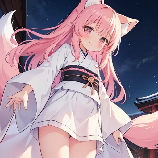 Highest quality, masterpiece, detailed, ( One person),small,cute,blush,smile,White Baby Doll, Pink Hair,Long Hair,Cat ear,(Fox tail),On the white blanket, Cowgirl, From below, Cowboy Shot, Japanese-style room, (night), (darkness) 
