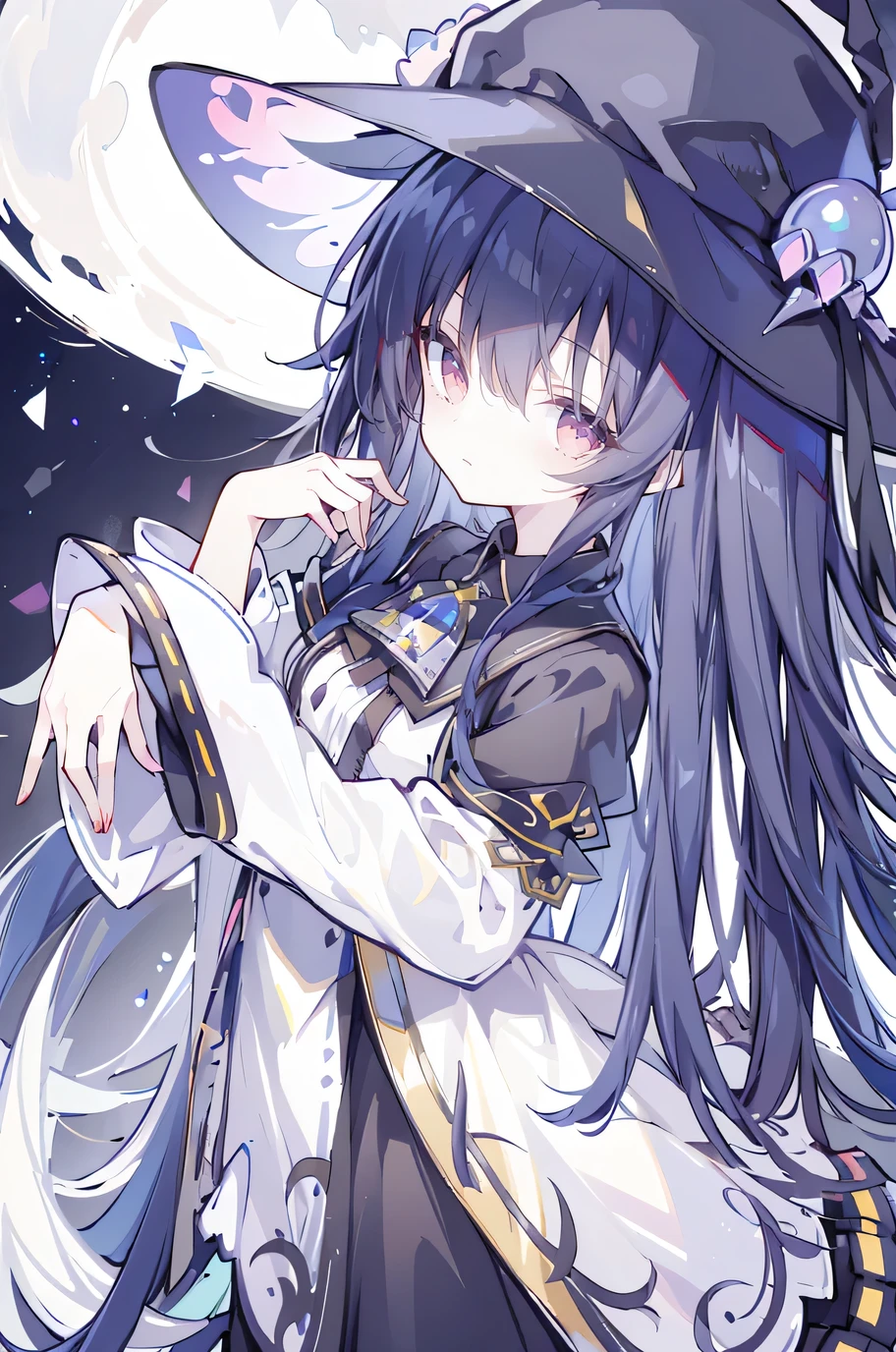 oung Girls,Humanity,A magician always smiles,big witch hat,cute,dark blue long hair,The eyes are dull,The bangs are heavy,Thin eyebrows,fantasy,intake,Double teeth,Star Theme,Constellation pattern,Solid color clothetal decoration,cloak,A bit of a dark atmosphere,A little crazy smile,When the big moon shines outside at night,blood,Hair black star embellishment,Short tie,No nails,High waist skirt,Bell sleeves,Long-sleeved shirt,Black tie,low risk,gentlemen。Mist、Yellow and white effect,Shocking pink as an accent color