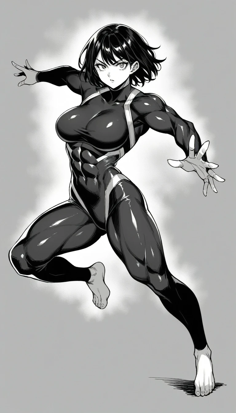 1girl, adult, perfect face, perfect eyes, intricate details, score_9, score_8_up, score_7_up, rating_safe, source_anime, sketch, shiny black hair, medium length hair, sharp eyes, large breast, muscular, body, bare feet, spandex suit, full body design, traditional style, greyscale, open hands, unorthodox pose, fighting stance