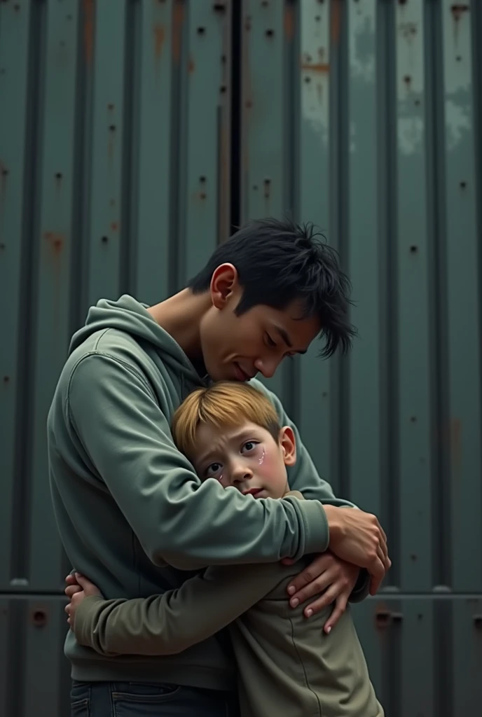 Generate a picture of a 25 years old handsome asian boy hugging a blonde boy who is crying and behind them is big steel gate like to keep them safe.It should look like a father son relationship. It should look real.