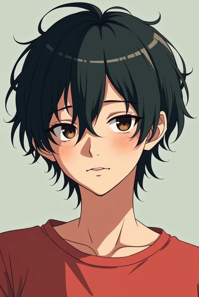 Man,black hair,middle bangs,dark brown eyes,sleepy eyes,red t-shirt,anime adaptation 