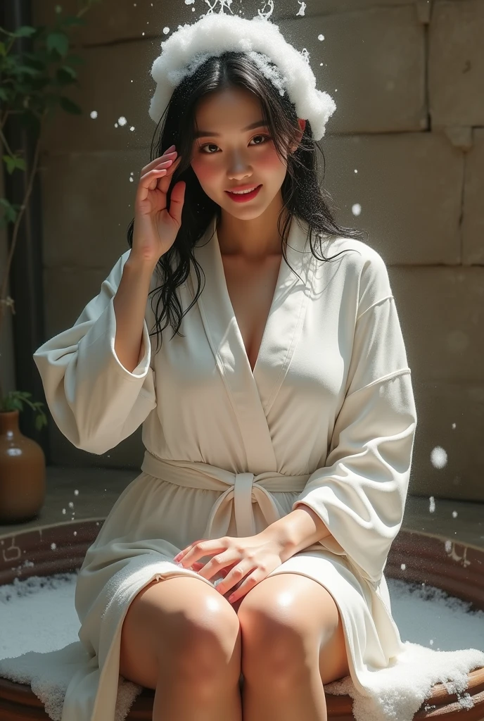 Create an Asian beauty，Regular facial features，Attractive appearance，Proud figure，Cute large breasts and buttocks，White bathrobe，Sitting on a stool，Keep your legs together，Scratching the scalp with both hands，Two hands washing hair on top of head，There is a lot of foam and water on the head，Foam wrap head，Expression happy，Realistic foam，Character front position，Real People，Character Close-up，Ancient attic background，9:16 frames，Ultra HD painting