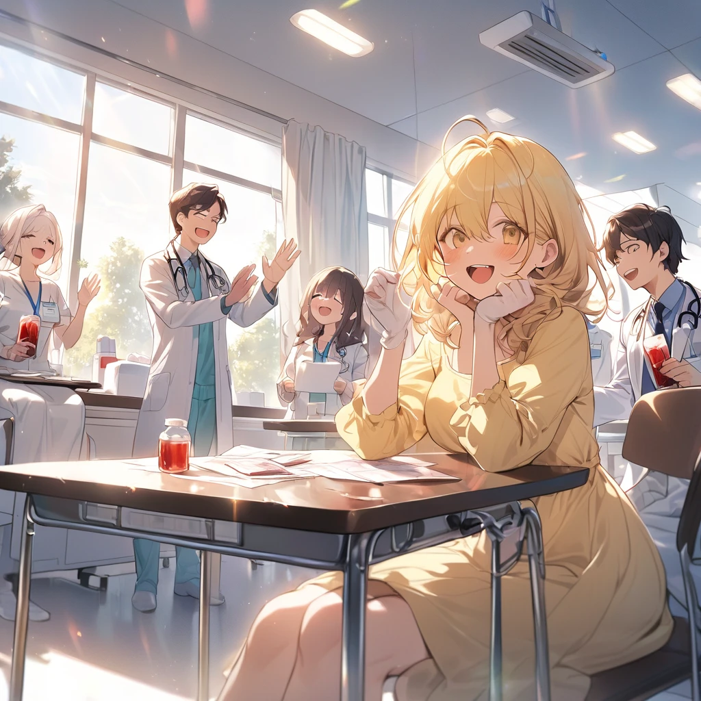 happy atmosphere,Four people cheering and encouraging,hospital,Donate blood,doctor,Sunlight,girl in yellow dress sitting,Draw blood,Hands on the table