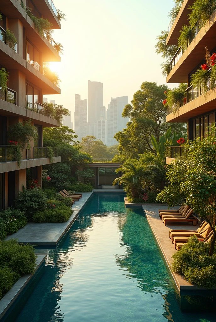 big apartment with garden and pool in city, in morning sun light