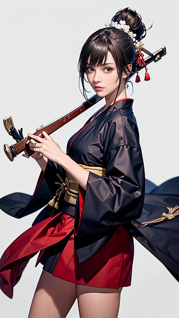 masterpiece,Highest quality,One beautiful woman, A single matchlock gun:1.2, (((matchlock))),arquebus,Have, Long Hair, Black Hair, Holding Gun, Virtual YouTuber, View your viewers, Aim,Cowboy Shot,((Black kimono)),samurai:1.2,((Pure white background)),dynamic