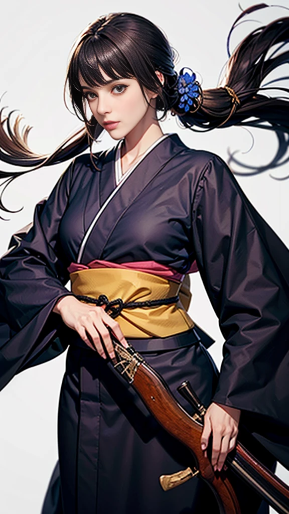 masterpiece,Highest quality,One beautiful woman, A single matchlock gun:1.2, (((matchlock))),arquebus,Have, Long Hair, Black Hair, Holding Gun, Virtual YouTuber, View your viewers, Aim,Cowboy Shot,((Black kimono)),samurai:1.2,((Pure white background)),dynamic
