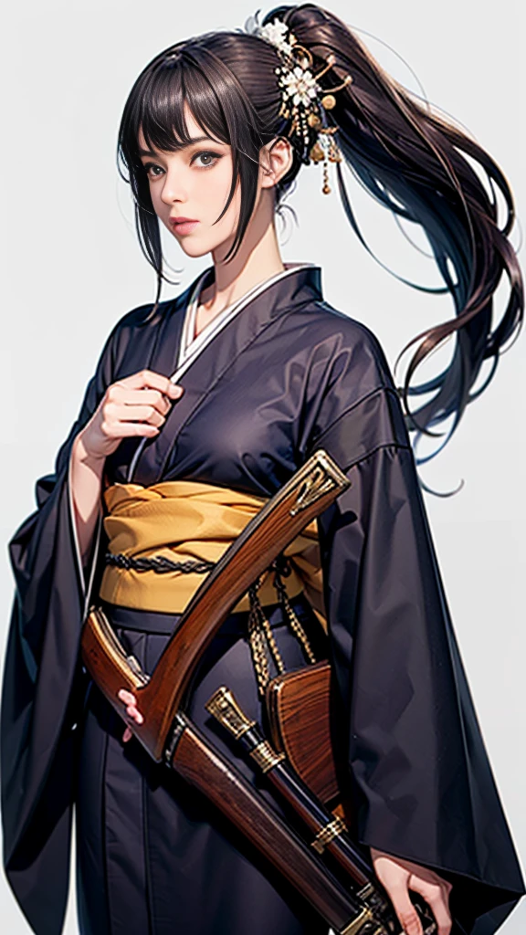 masterpiece,Highest quality,One beautiful woman, A single matchlock gun:1.2, (((matchlock))),arquebus,Have, Long Hair, Black Hair, Holding Gun, Virtual YouTuber, View your viewers, Aim,Cowboy Shot,((Black kimono)),samurai:1.2,((Pure white background)),dynamic