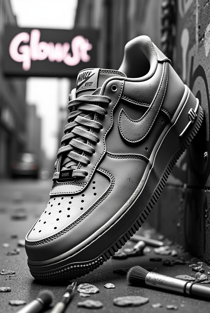 nike airforce one  stained  splattered art and street sign that says  glow st like Los Angeles with brushes and spray cans behind  don't forget the brushes and the street sign  
All that in black and white