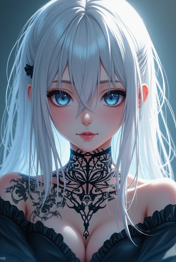 A woman with white hair and blue eyes and a tatto ANIME