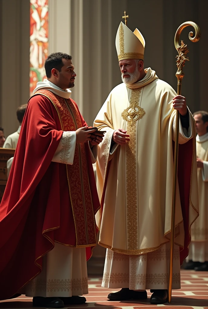 Make an image that depicts a photograph after the solemn Pentecost Mass:
Description: a Bishop with all his episcopal insignia, miter on the head and staff ( It should be beautiful, the top is curved. )In the right hand , the Bishop must be facing forward , Beside this bishop will be a master of ceremonies in a red tunic and white Roman cope holding the missal. Use the previous image.