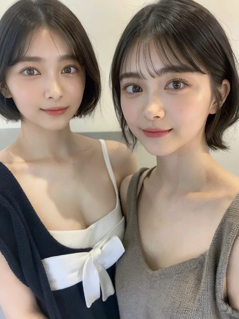 (masterpiece:1.3), (8k, Photoreal, Raw photo, best image quality: 1.4), Japanese high school girl、(random hairstyle:1.2)、:1.5、super ail face、eye for details、double eyelid、chest to chest、sharp focus:1.2、Beautiful woman:1.4、light brown hair、highest quality、masterpiece、超A high resolution、(Photoreal:1.4)、Highly detailed and professionally lit smiles、loose and light knitwear、shoulder out、thin、serious expression、short haired、deadly position
similar identical twins
All the girls have the exact same face, The two have the same face and figure, as if they were mirror images.