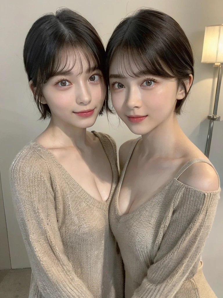 (masterpiece:1.3), (8k, Photoreal, Raw photo, best image quality: 1.4), Japanese high school girl、(random hairstyle:1.2)、cleavage:1.5、super detail face、eye for details、double eyelid、chest to chest、sharp focus:1.2、Beautiful woman:1.4、light brown hair、highest quality、masterpiece、超A high resolution、(Photoreal:1.4)、Highly detailed and professionally lit smiles、loose and light knitwear、shoulder out、thin、serious expression、short haired、deadly position
similar identical twins
All the girls have the exact same face, The two have the same face and figure, as if they were mirror images.