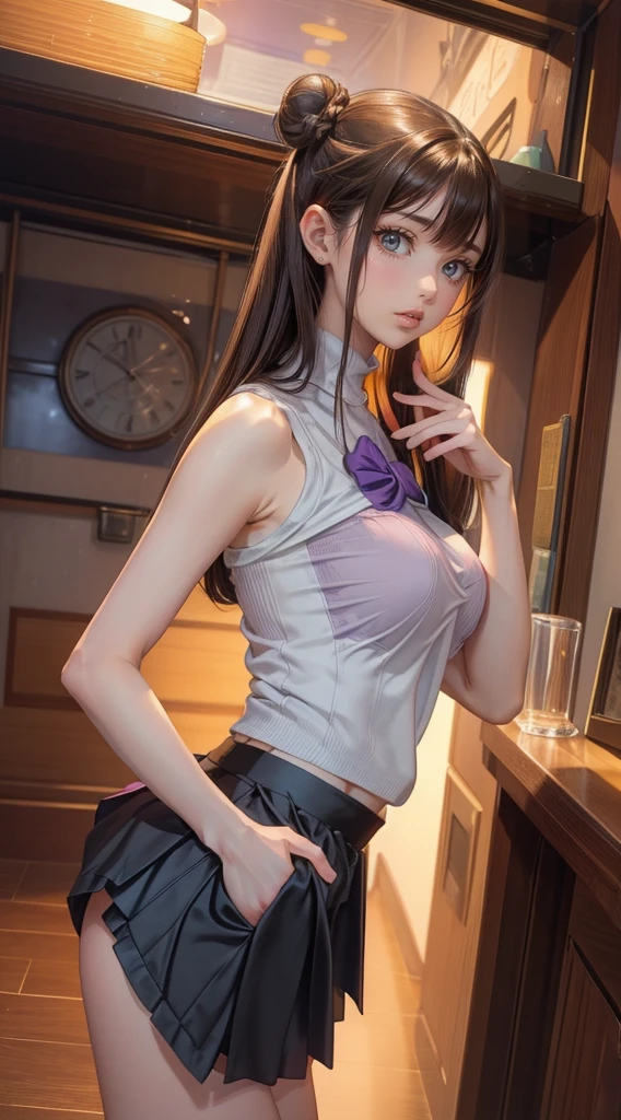 1 girl,(Very detailed肌),bending,,beautiful胸,Large Breasts,Pale skin,Pointed chest,Erection of nipples,(Fantasy Art,Best image quality,Surreal Portraits,(8K),Super Practical,最high quality, high quality, high resolution, high quality texture,High Detail,beautiful,familiar,Very detailed的CG,familiarテクスチャー,Practical expression,masterpiece,Presence,Dynamic,bold),Ultra-Thin hair),(Hair is very soft),(超Straight Hair:1.5),流した長いBangs,Hair above one eye.Black Hair、Bangs、Future-proof、Looking at the audience、Two-dimensional beautiful girl、(masterpiece:1.2), 最high quality,cozy anime,
窓の近くにStandingとてもかわいくてbeautiful, (Very detailedbeautiful顔),beach,Wooden floating cabin,,(Smile),blush,Looking at the audience,Black Hair,Hair Bun, (最high quality,masterpiece:1.2),confuse,high resolution,Very detailed,Very detailed,32K,8K resolution, Intricate details,Movie Scenes,Detailed background,Solitary,Dynamic angle, Natural light,Light Particles,beautiful詳細な空,Perfect hands, (masterpiece:1.2, 最high quality), (Practical, photoPractical:1.4), beautifulイラスト, (Natural side light, Movie Lighting), National Science Foundation, 
((looking off to the side, Upper Eye)), (panties shot), (whole body, Front view), 1 girl, Japanese, , Perfect face, Cute symmetrical face, Glowing skin, 
(Long hair, Straight Hair, Light brown hair), 非対称のBangs, Golden Eyes, Long eyelashes, (Medium breasts), Thin, 
beautiful髪, beautiful顔, 緻密でbeautiful目, beautiful鎖骨, beautiful体, beautiful胸, beautiful太もも, beautiful feet, beautiful指, 
purple lace panties, ((Gray-purple sleeveless turtleneck sweater, Black pleated skirt)), 
(beautiful景色), night, (road), Standing, ((Lift your skirt:1.5)), (Awkward, shut your mouth),