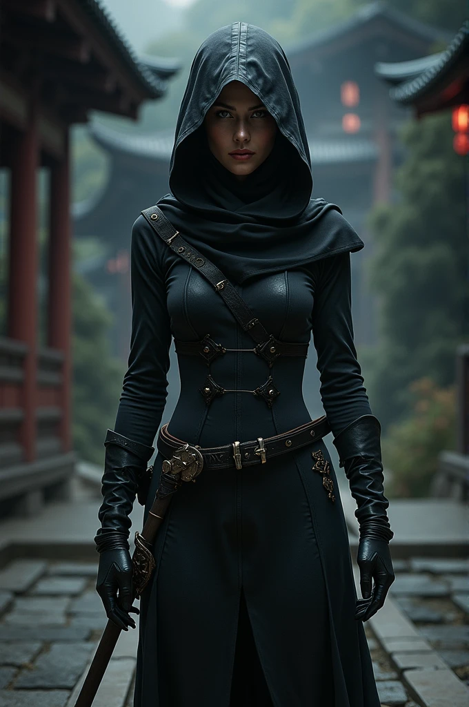 a woman dressed as a ninja with a sword on the floor in front of a, by Yasutomo Oka, dau-al-set, trending on deviantart, ninja outfit, portrait ninja gaiden girl, epic ninja suit, goth ninja, mystic ninja, mk ninja