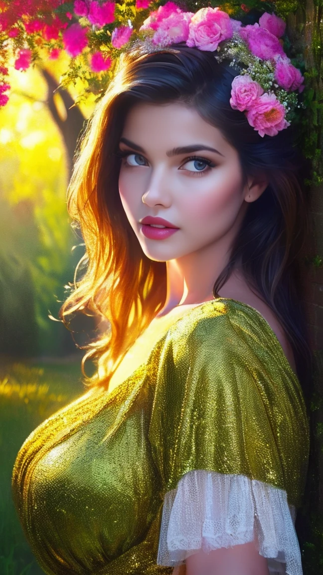 A girl in a garden,half:illustration,beautiful detailed eyes,beautiful detailed lips,Extremely detailed eyes and face,long eyeslashes,Plump breasts,gigantic cleavage breasts:1.6,High Resolutions,ultra detailed,fotorrealist,vivid colors,bokeh,Portraits,warm tones,soft lighting, (The best quality,4k,8k,High Resolutions,masterpiece:1.2),ultra detailed,(realist,fotorrealist,fotorrealist:1.37),classical,Amazing,beautiful detailed eyes,beautiful detailed lips,Extremely detailed eyes and face,long eyeslashes,oil painting style,Canvas texture,old fashioned dress,Golden lighting,Garden landscape,colorful flowers,romantic atmosphere,vintage colors,soft sunlight,serene expression,elegant pose
INFO