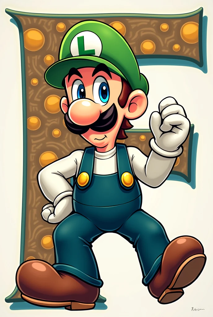 Luigi character with the letter F in the background