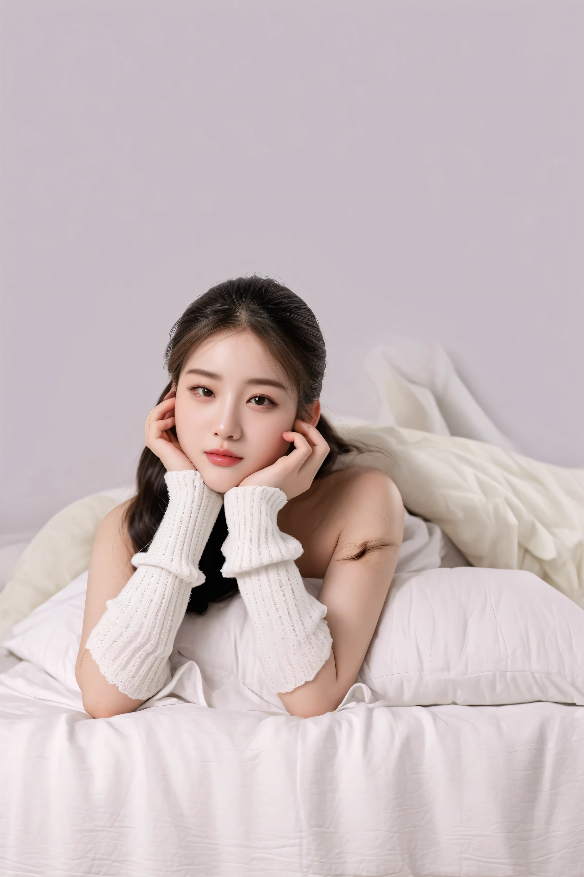 arafed woman laying on a bed with her hands on her chin, beautiful young korean woman, gorgeous young korean woman, a beautiful woman in white, milky white skin, beautiful south korean woman, a young asian woman, twintails white_gloves, posing in bed, a cute young woman, portrait image, in white room, reclining on bed