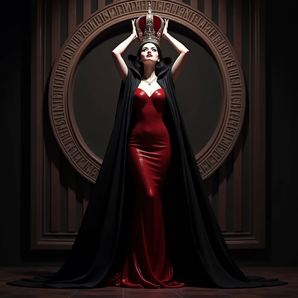 Vampire beauty，Wearing a sparkling red dress，Black cape，Holding a crown to put on her head，The crown is surrounded by a circle of bas-relief English text "Nations of Darkness"