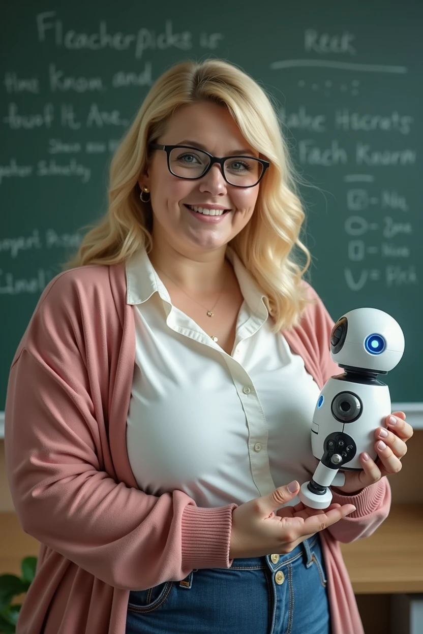 A chubby middle-aged blonde teacher with glasses is holding a robot-assisstant on her palm
