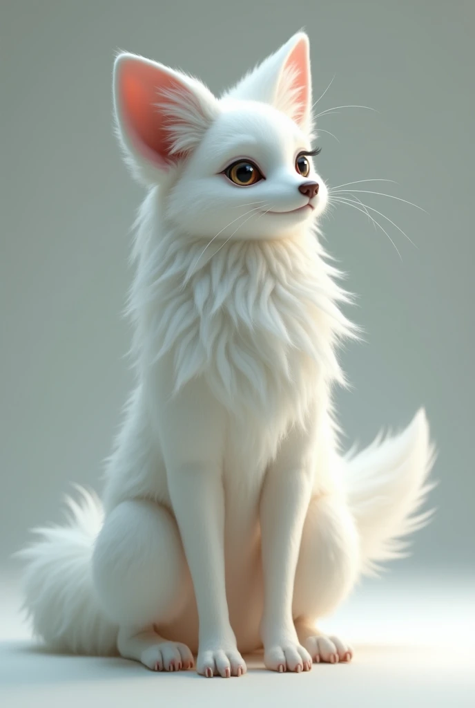 white furry fox girl scientist with long white hair 18 years old with furry head she is staing on 2 legs