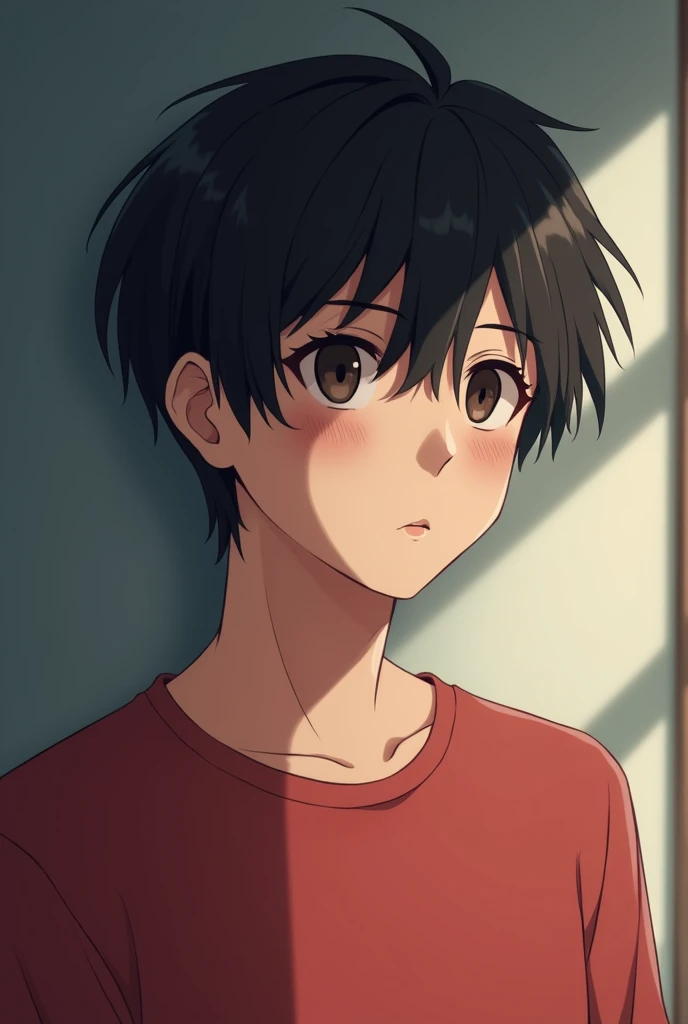 Man,black hair,middle bangs,dark brown eyes,sleepy eyes,red t-shirt,anime adaptation,side view