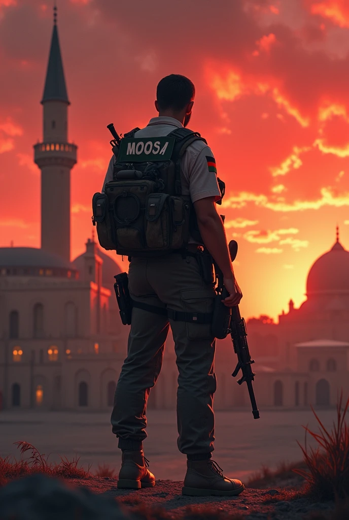 A sniper With Shirt back name Moosa Erect Pakistani🇵🇰 and  Palestine 🇵🇰flags on Masjid Al Aqsa in red cloud evening with weapons 
