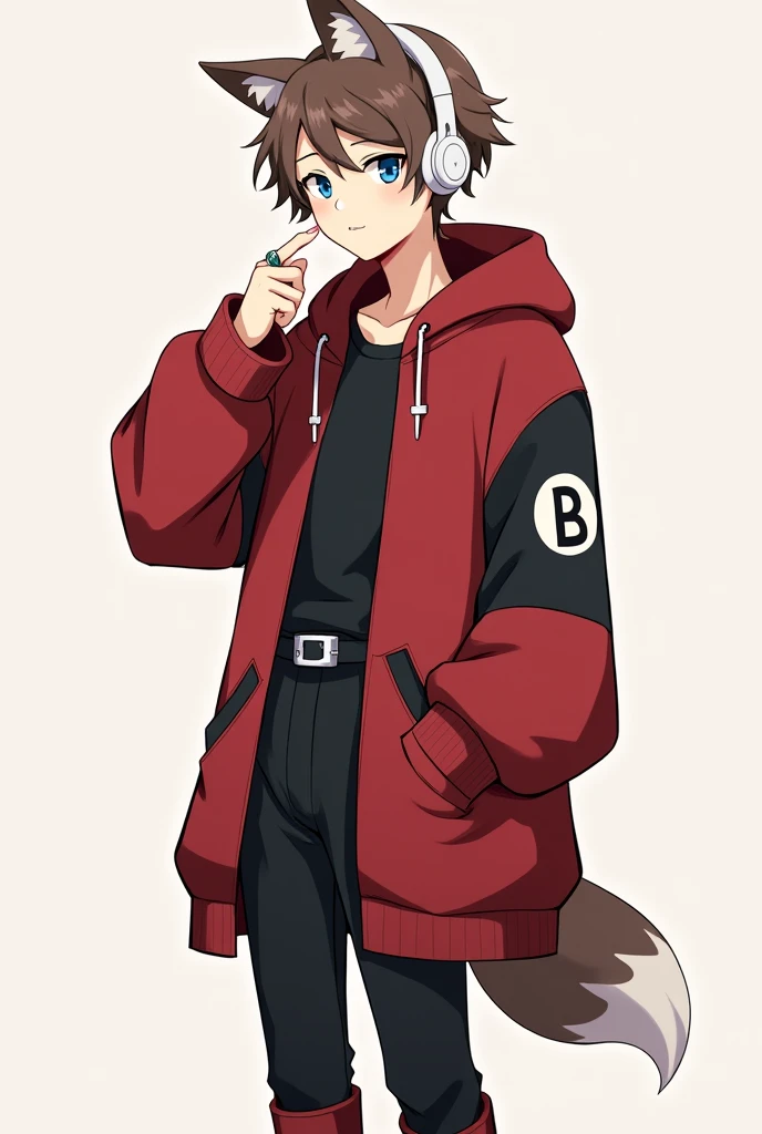 Man with brown hair。Her short hair with outward curls is bouncing.。Smiling with droopy blue eyes。Wearing an oversized hoodie and white headphones。The background is simple。The hoodie is mainly red with black on the arms and hood.。The parka is a jacket type.、Open。The sleeves are black and only the cuffs are red。He has plastic-like rings on both his wrists.。There is an awkward looking smiley face painted in red on the sleeve near the shoulder.。The back is painted in white with an awkward B on it.。The hoodie is held in place by a black belt with silver hardware.。On his belt he wears a fox tail-like accessory with a white to red gradient.。A simple, blank, greyish greenTWearing a shirt。The pants are black and have no particular pattern.。She wears knee-high shoes made of red and white cushioning material.。Anime style with a gentle touch。Large。Male。