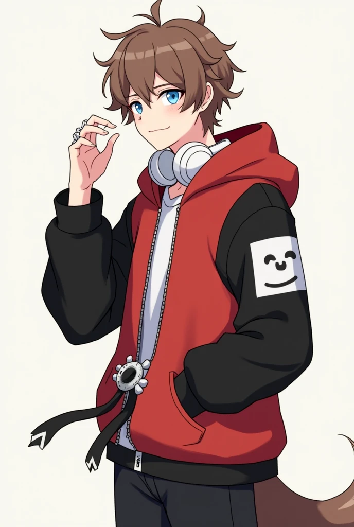 Man with brown hair。Her short hair with outward curls is bouncing.。Smiling with droopy blue eyes。Wearing an oversized hoodie and white headphones。The background is simple。The hoodie is mainly red with black on the arms and hood.。The parka is a jacket type.、Open。The sleeves are black and only the cuffs are red。He has plastic-like rings on both his wrists.。There is an awkward looking smiley face painted in red on the sleeve near the shoulder.。The back is painted in white with an awkward B on it.。The hoodie is held in place by a black belt with silver hardware.。On his belt he wears a fox tail-like accessory with a white to red gradient.。A simple, blank, greyish greenＴWearing a shirt。The pants are black and have no particular pattern.。She wears knee-high shoes made of red and white cushioning material.。Anime style with a gentle touch。Large。Male。