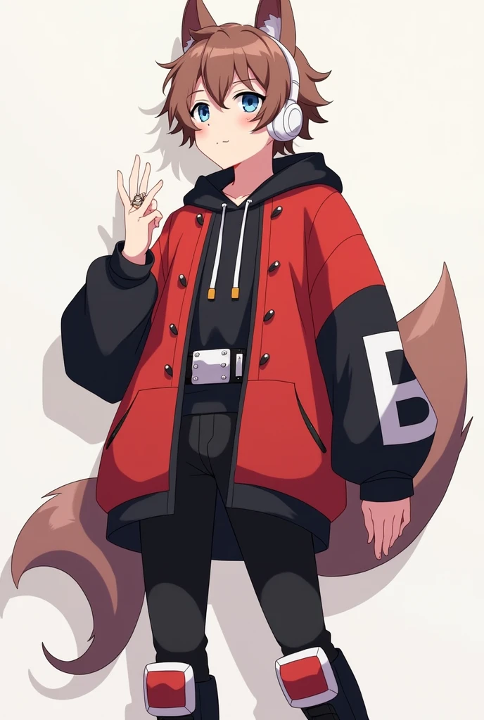 Man with brown hair。Her short hair with outward curls is bouncing.。Smiling with droopy blue eyes。Wearing an oversized hoodie and white headphones。The background is simple。The hoodie is mainly red with black on the arms and hood.。The parka is a jacket type.、Open。The sleeves are black and only the cuffs are red。He has plastic-like rings on both his wrists.。There is an awkward looking smiley face painted in red on the sleeve near the shoulder.。The back is painted in white with an awkward B on it.。The hoodie is held in place by a black belt with silver hardware.。On his belt he wears a fox tail-like accessory with a white to red gradient.。A simple, blank, greyish greenＴWearing a shirt。The pants are black and have no particular pattern.。She wears knee-high shoes made of red and white cushioning material.。Anime style with a gentle touch。Large。Male。