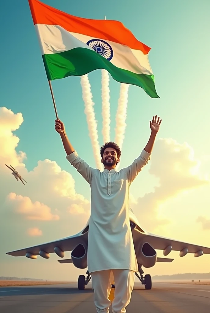 "Generate a real-life image of a 21-year-old (boy) joyfully celebrating Indian Independence Day. The individual is dressed in white patani attire with flag in hand waving prominently displayed on their clothing. The sky above them features the words 'Happy Independence Day' in a bold font and tri color smoke from jet flying accros the sky
. The background is run way with sukoi 27 aircraft , creating a vibrant and patriotic atmosphere."