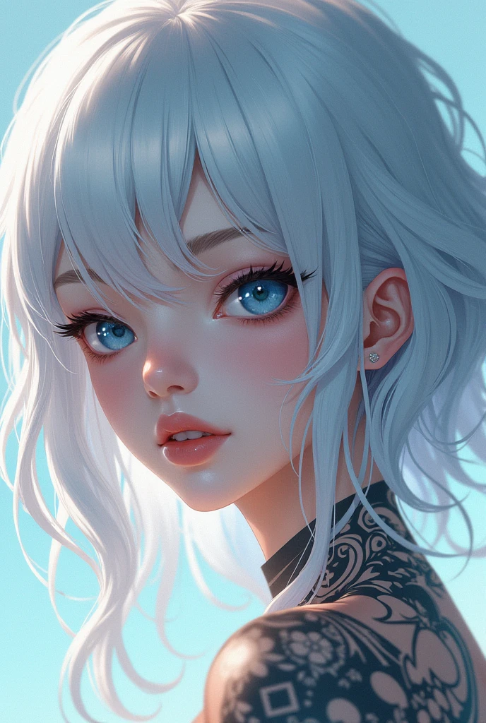 A woman with white hair and blue eyes and a tatto ANIME