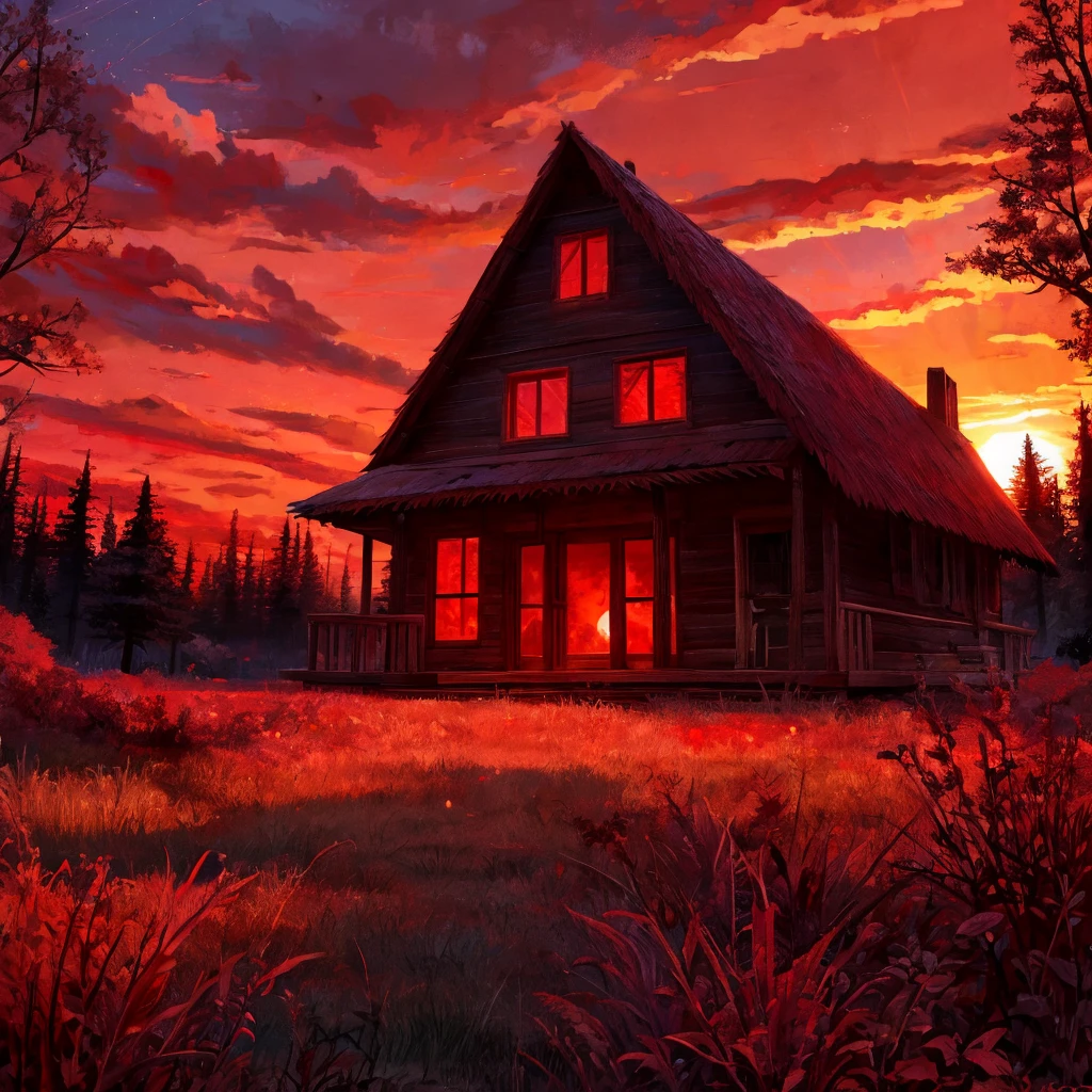 Red sky shining on the grass on the ground, sunset, giant clouds beyond description, a very imaginative scene, red lights reflecting on the grass, dark trees, red lighting in a wooden house on the left of the screen reflecting light on the forest