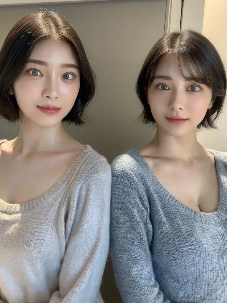 (masterpiece:1.3), (8k, Photoreal, Raw photo, best image quality: 1.4), Japanese high school girl、(random hairstyle:1.2)、cleavage:1.5、super detail face、eye for details、double eyelid、chest to chest、sharp focus:1.2、Beautiful woman:1.4、light brown hair、highest quality、masterpiece、超A high resolution、(Photoreal:1.4)、Highly detailed and professionally lit smiles、loose and light knitwear、shoulder out、thin、serious expression、short haired、deadly position
similar identical twins
All the girls have the exact same face, The two have the same face and figure, as if they were mirror images.