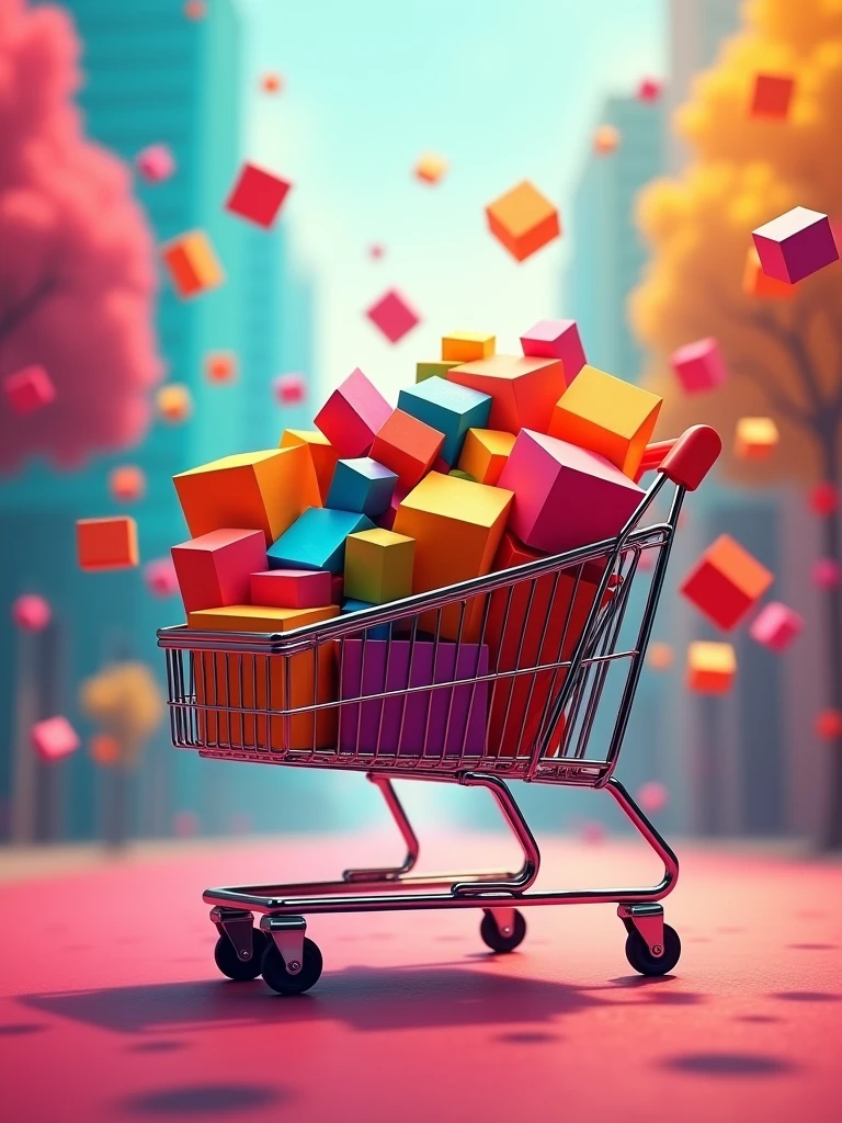 Create a dynamic and energetic image of a shopping trolley filled with colorful boxes, symbolizing a flash sale event. Surround the trolley with flying boxes, adding a sense of motion and excitement. The background should be a vibrant blur of colors to emphasize the fast-paced, high-energy nature of a flash sale. The overall image should be bold and eye-catching, with bright and vivid colors, perfect for attracting attention in eCommerce advertising.