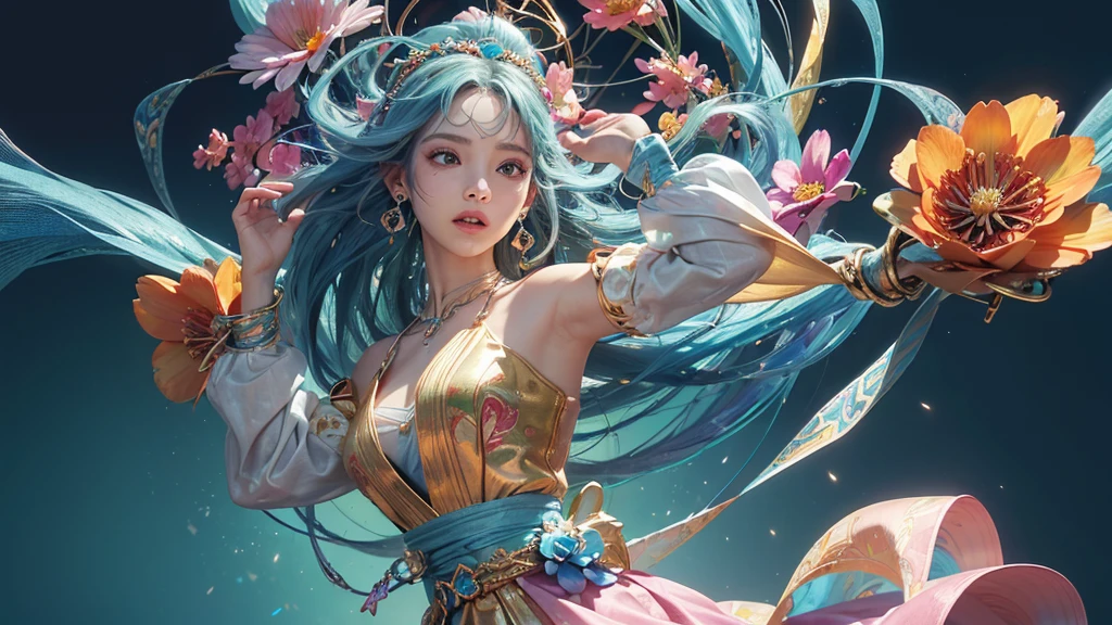32K, 最高quality, 最高masterpiece, (ultra-Detailed Background, Detailed Background), High resolution, Super detailed, Very detailedな, 1 personの, (bouquet:1.3), (Tangled:1.2), (Geometric:1.2),(colorful),(masterpiece, quality, best quality, Official Art, Beautiful and beautiful:1.2), (1 person:1.3), Very detailed,(colorful:1.1)(Flowers:1.3),Most detailed,(Tangled:1.2), whole body, (Abstract background:1.3), (Skin glows), (Many colors:1.4), ,(Earrings Jewelry:1.5), Light blue and gradient background,