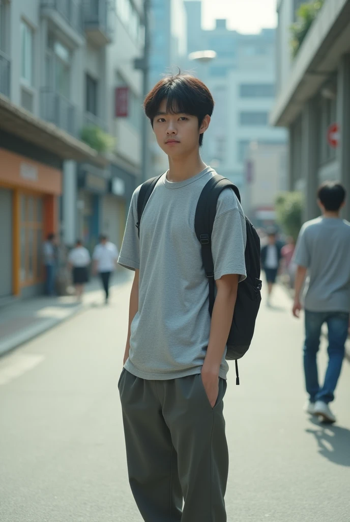 23-year-old Japanese male university student with a center-parted hairstyle, revealing his forehead. Simple outfit. Full-body photo.(So that you can see your feet) Photos taken unexpectedly Profiles Photos taken from a distance Location(Urban city、A place without people) hands positioned(Make your hands visible) Other shoots