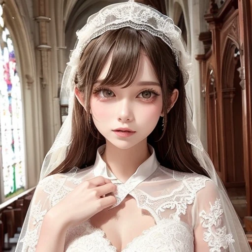 bikini lace dress,nurse uniform,lace wedding dress,Lace cape,Beautiful seaside background,beautiful church
