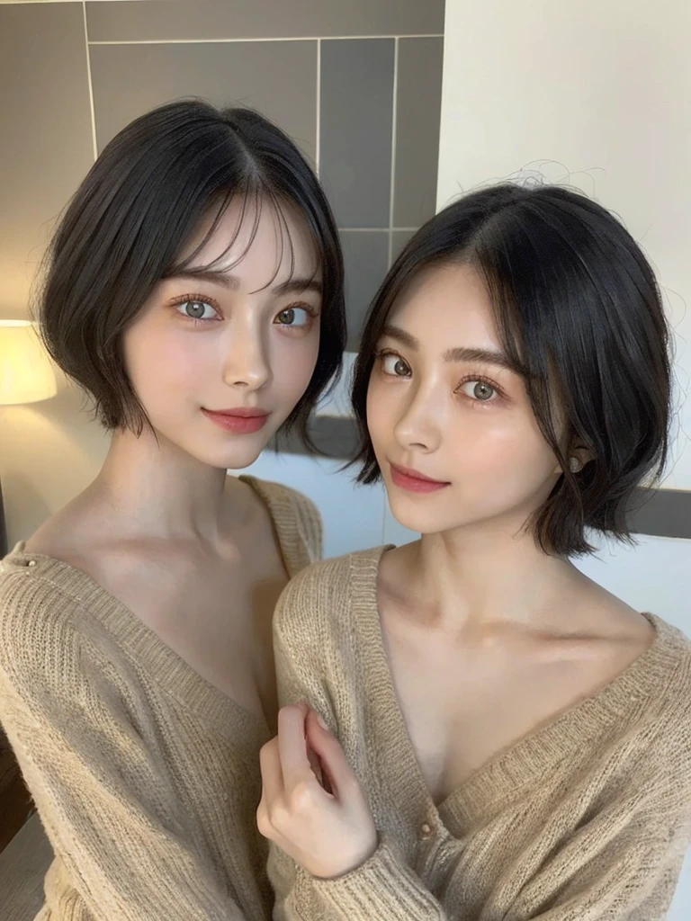 (masterpiece:1.3), (8k, Photoreal, Raw photo, best image quality: 1.4), Japanese high school girl、(random hairstyle:1.2)、cleavage:1.5、super detail face、eye for details、double eyelid、chest to chest、sharp focus:1.2、Beautiful woman:1.4、light brown hair、highest quality、masterpiece、超A high resolution、(Photoreal:1.4)、Highly detailed and professionally lit smiles、loose and light knitwear、shoulder out、thin、serious expression、short haired、deadly position
similar identical twins
All the girls have the exact same face, The two have the same face and figure, as if they were mirror images.