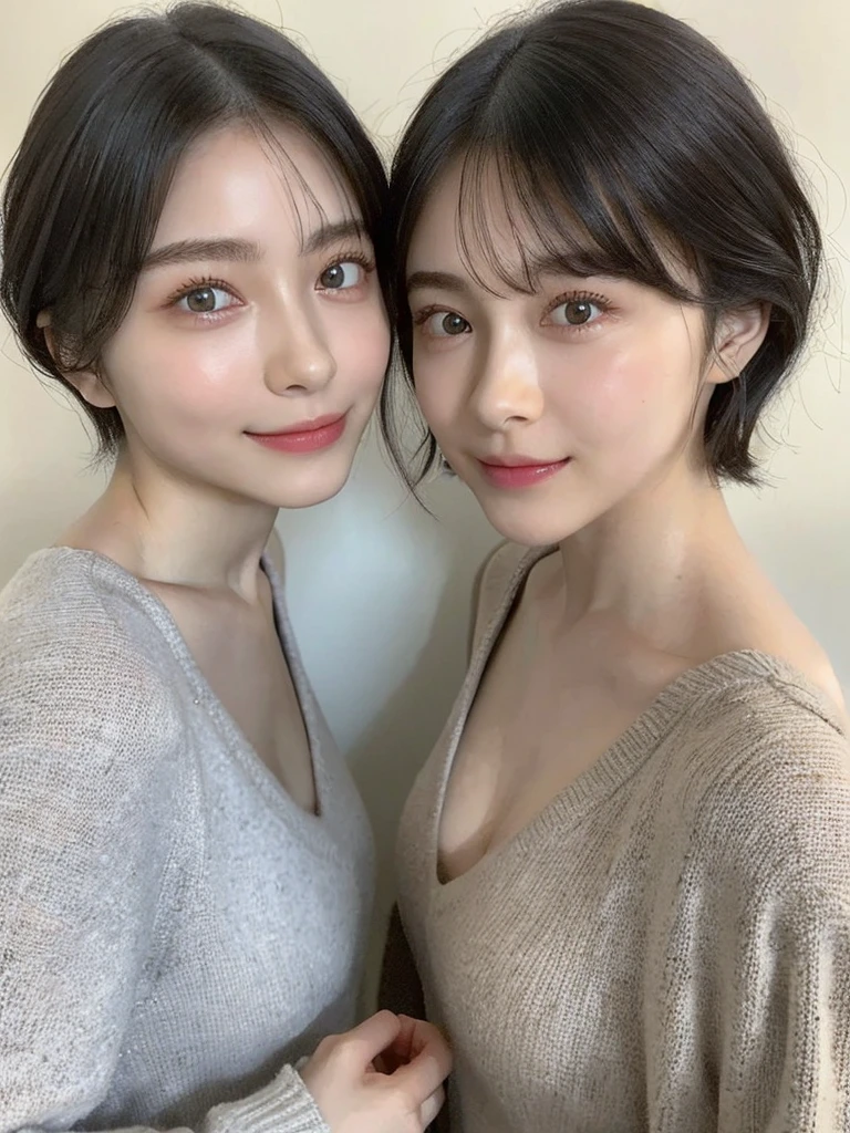 (masterpiece:1.3), (8k, Photoreal, Raw photo, best image quality: 1.4), Japanese high school girl、(random hairstyle:1.2)、cleavage:1.5、super detail face、eye for details、double eyelid、chest to chest、sharp focus:1.2、Beautiful woman:1.4、light brown hair、highest quality、masterpiece、超A high resolution、(Photoreal:1.4)、Highly detailed and professionally lit smiles、loose and light knitwear、shoulder out、thin、serious expression、short haired、deadly position
similar identical twins
All the girls have the exact same face, The two have the same face and figure, as if they were mirror images.
