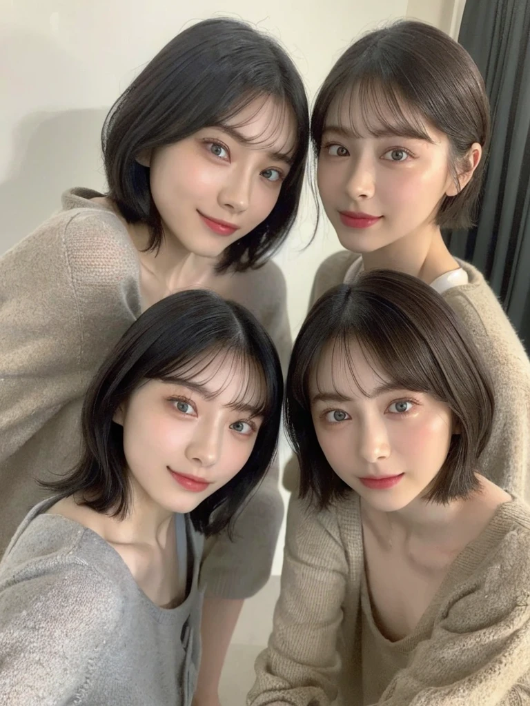 (masterpiece:1.3), (8k, Photoreal, Raw photo, best image quality: 1.4), Japanese high school girl、(random hairstyle:1.2)、cleavage:1.5、super detail face、eye for details、double eyelid、chest to chest、sharp focus:1.2、Beautiful woman:1.4、light brown hair、highest quality、masterpiece、超A high resolution、(Photoreal:1.4)、Highly detailed and professionally lit smiles、loose and light knitwear、shoulder out、thin、serious expression、short haired、deadly position
similar identical twins
All the girls have the exact same face, The two have the same face and figure, as if they were mirror images.