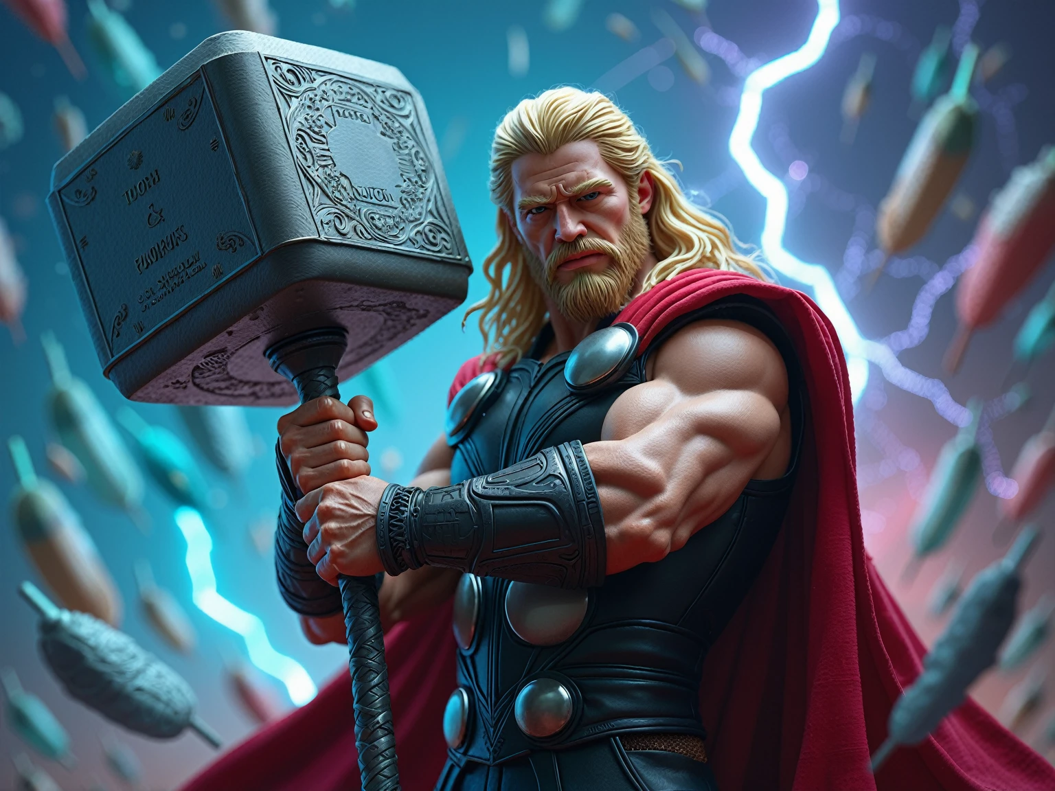 Thor, muscular and determined, hefts an impossibly massive Mjolnir against a swirling cosmos of iridescent neon feathers. Hyper-realistic details capture every strand of his golden hair and the intricate engravings on the hammer's surface. Lightning crackles, illuminating his fierce expression.