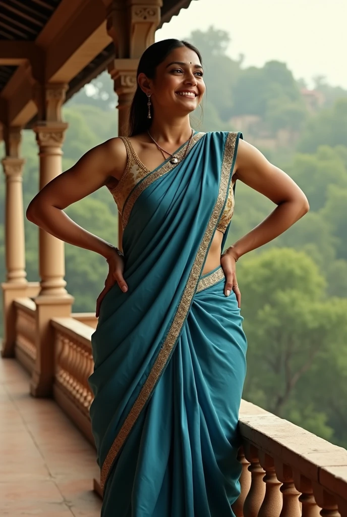 a tall and beautiful gorgeous Indian actress Ileana D'Cruz in satin blue saree carrying a large big man on her shoulder , man is sitting on her shoulders in home balcony , natural smile, she has strong arms, traditional