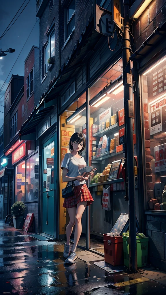 ((Looking at the camera:1.2)),(Nearly perfect:1.4),Dynamic,smooth private parts,Clear focus,light,Vibrant brushstrokes, Bright colors,Expressive, emotion, Official Art,Unity8K wallpaper,Extremely detailed,Pretty and beautiful,masterpiece,Best quality,1 girl,beautiful eyes,Very detailed content,Dynamic,(Ruffle skirt),(Moderate:1.3),The most beautiful chaos,elegant,design,Vibrant colors,(Corner store,escape,night,shoe),8K,