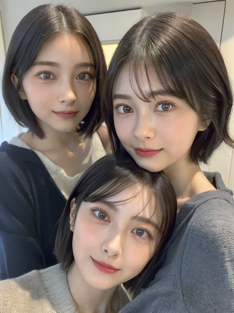 (masterpiece:1.3), (8k, Photoreal, Raw photo, best image quality: 1.4), Japanese high school girl、(random hairstyle:1.2)、cleavage:1.5、super detail face、eye for details、double eyelid、chest to chest、sharp focus:1.2、Beautiful woman:1.4、light brown hair、highest quality、masterpiece、超A high resolution、(Photoreal:1.4)、Highly detailed and professionally lit smiles、loose and light knitwear、shoulder out、thin、serious expression、short haired、deadly position
similar identical twins
All the girls have the exact same face, The two have the same face and figure, as if they were mirror images.