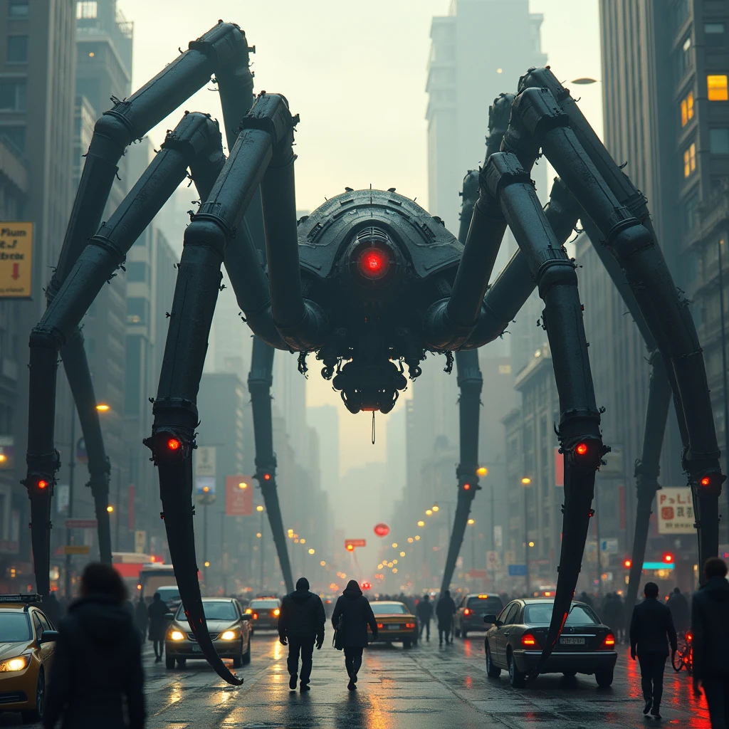 Super huge spider-shaped weapons, all over town, crowds, traffic jams, panic, overhead view,