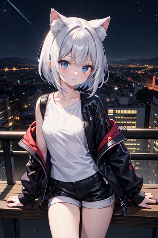 anime style, super fine illustration,masterpiece,best quality, super detailed, dynamic angle, beautiful detailed, 8k, On a summer night, at the observatory at the top of the mountain, BREAK 猫耳娘, transfixed by the beautiful night view of the city, is holding a gun.BREAK The night view sparkles in the background.BREAK (white T-shirt:1.2),(black hot pants:1.2),(black jacket:1.2),Small breasts,Short Hair,Gray Hair,Blue Eyes,{White cat ears}