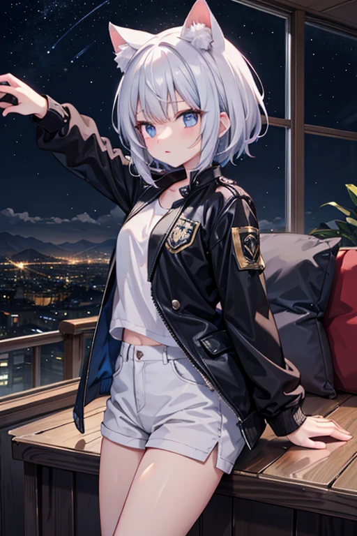anime style, super fine illustration,masterpiece,best quality, super detailed, dynamic angle, beautiful detailed, 8k, On a summer night, at the observatory at the top of the mountain, BREAK 猫耳娘, transfixed by the beautiful night view of the city, is holding a gun.BREAK The night view sparkles in the background.BREAK (white T-shirt:1.2),(black hot pants:1.2),(black jacket:1.2),Small breasts,Short Hair,Gray Hair,Blue Eyes,{White cat ears}